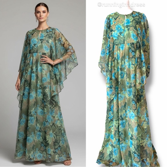 Vintage Dresses & Skirts - Vtg 70s Floral Angel Sleeve Maxi Dress Extra Special English Lady Chiffon XL 14
